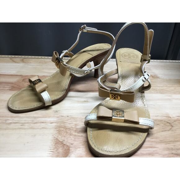 Tory Burch Kailey Bow Kitten Heels Women's 7 Tan Leather Open Toe Slingback - Picture 4 of 6